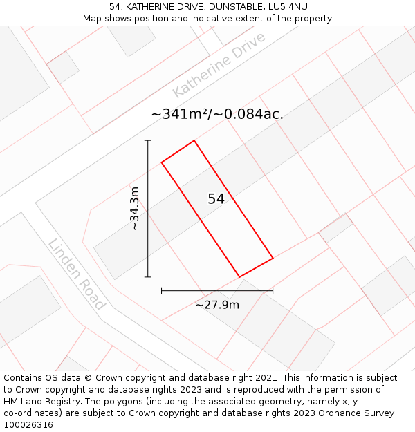 54, KATHERINE DRIVE, DUNSTABLE, LU5 4NU: Plot and title map