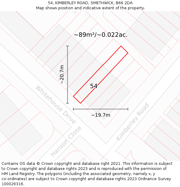 54, KIMBERLEY ROAD, SMETHWICK, B66 2DA: Plot and title map
