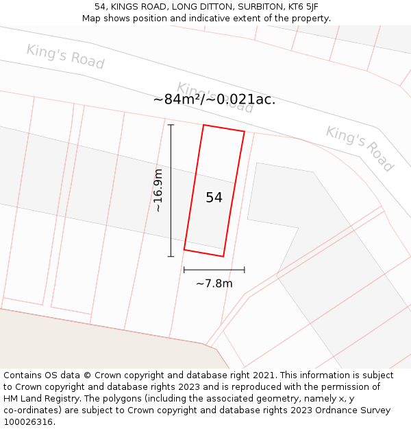 54, KINGS ROAD, LONG DITTON, SURBITON, KT6 5JF: Plot and title map