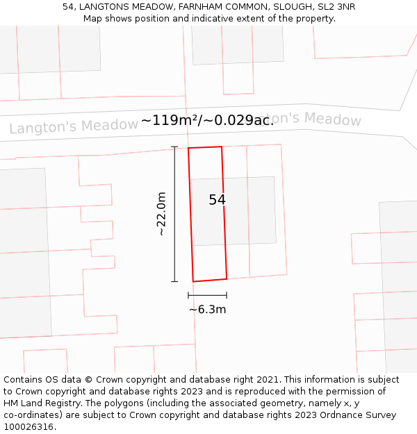 54, LANGTONS MEADOW, FARNHAM COMMON, SLOUGH, SL2 3NR: Plot and title map