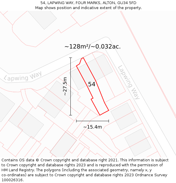 54, LAPWING WAY, FOUR MARKS, ALTON, GU34 5FD: Plot and title map