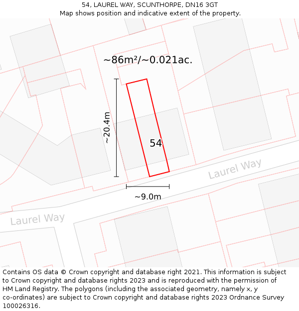 54, LAUREL WAY, SCUNTHORPE, DN16 3GT: Plot and title map
