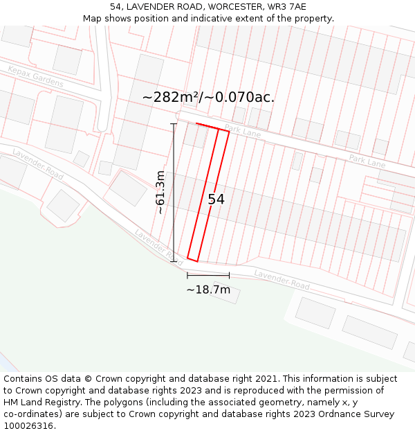 54, LAVENDER ROAD, WORCESTER, WR3 7AE: Plot and title map