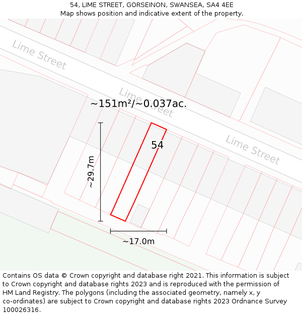 54, LIME STREET, GORSEINON, SWANSEA, SA4 4EE: Plot and title map