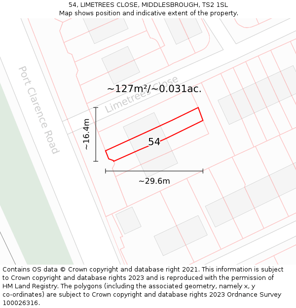 54, LIMETREES CLOSE, MIDDLESBROUGH, TS2 1SL: Plot and title map