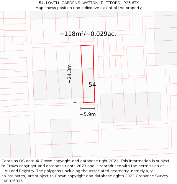 54, LOVELL GARDENS, WATTON, THETFORD, IP25 6TX: Plot and title map