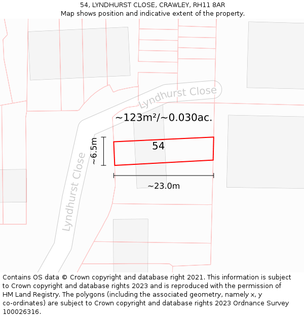 54, LYNDHURST CLOSE, CRAWLEY, RH11 8AR: Plot and title map