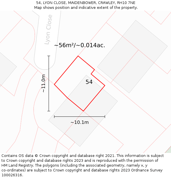 54, LYON CLOSE, MAIDENBOWER, CRAWLEY, RH10 7NE: Plot and title map