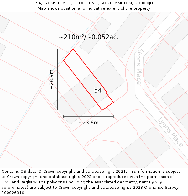 54, LYONS PLACE, HEDGE END, SOUTHAMPTON, SO30 0JB: Plot and title map