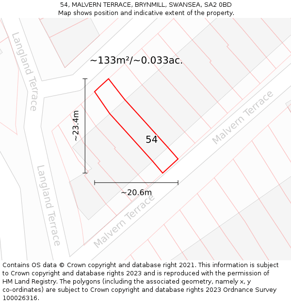 54, MALVERN TERRACE, BRYNMILL, SWANSEA, SA2 0BD: Plot and title map