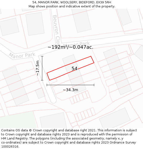 54, MANOR PARK, WOOLSERY, BIDEFORD, EX39 5RH: Plot and title map