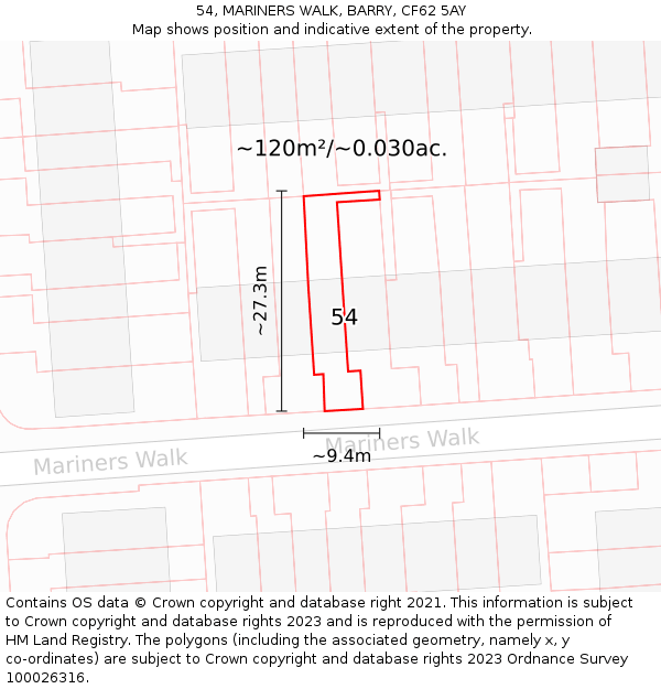 54, MARINERS WALK, BARRY, CF62 5AY: Plot and title map