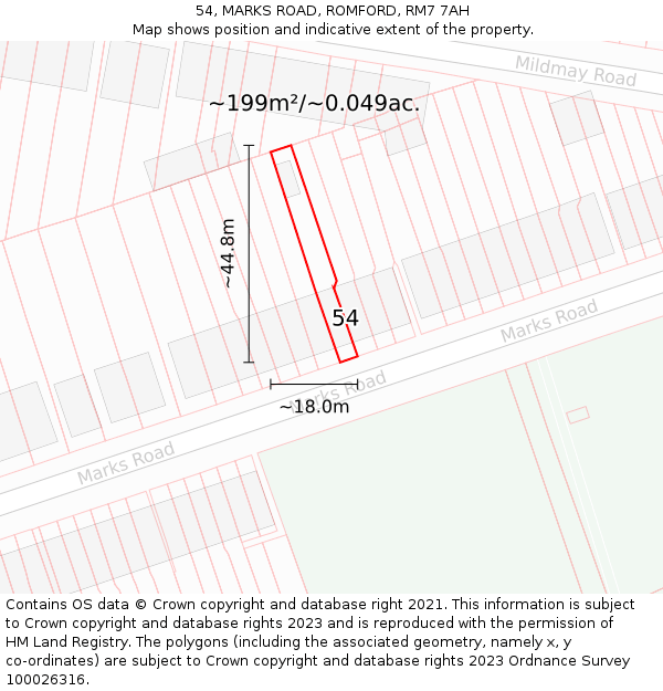 54, MARKS ROAD, ROMFORD, RM7 7AH: Plot and title map