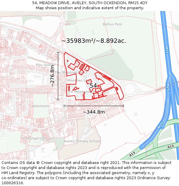 54, MEADOW DRIVE, AVELEY, SOUTH OCKENDON, RM15 4DY: Plot and title map