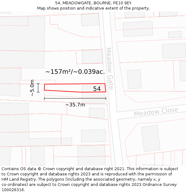 54, MEADOWGATE, BOURNE, PE10 9EY: Plot and title map