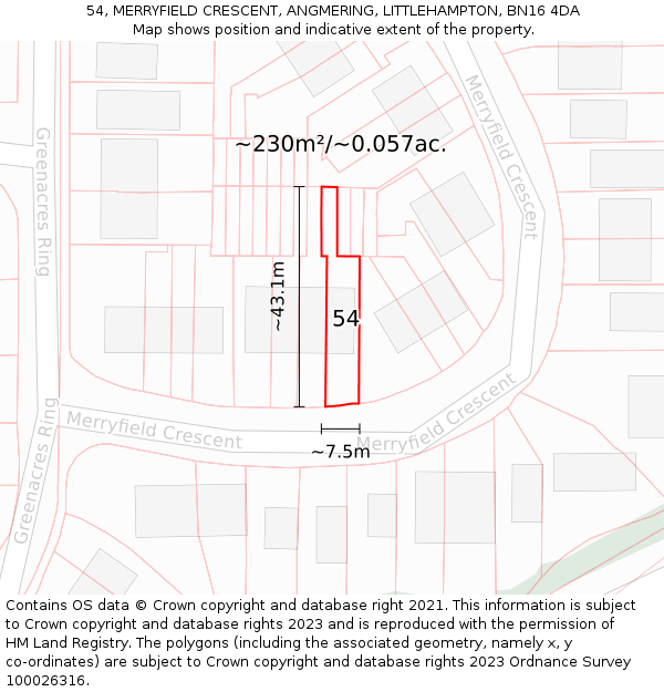 54, MERRYFIELD CRESCENT, ANGMERING, LITTLEHAMPTON, BN16 4DA: Plot and title map