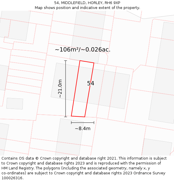 54, MIDDLEFIELD, HORLEY, RH6 9XP: Plot and title map