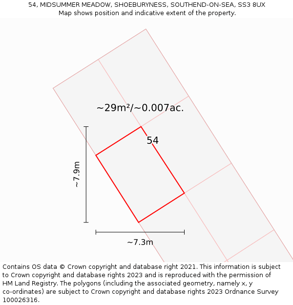 54, MIDSUMMER MEADOW, SHOEBURYNESS, SOUTHEND-ON-SEA, SS3 8UX: Plot and title map