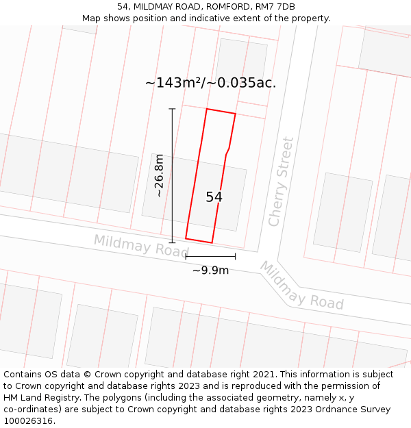 54, MILDMAY ROAD, ROMFORD, RM7 7DB: Plot and title map