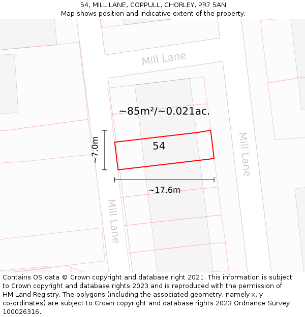 54, MILL LANE, COPPULL, CHORLEY, PR7 5AN: Plot and title map