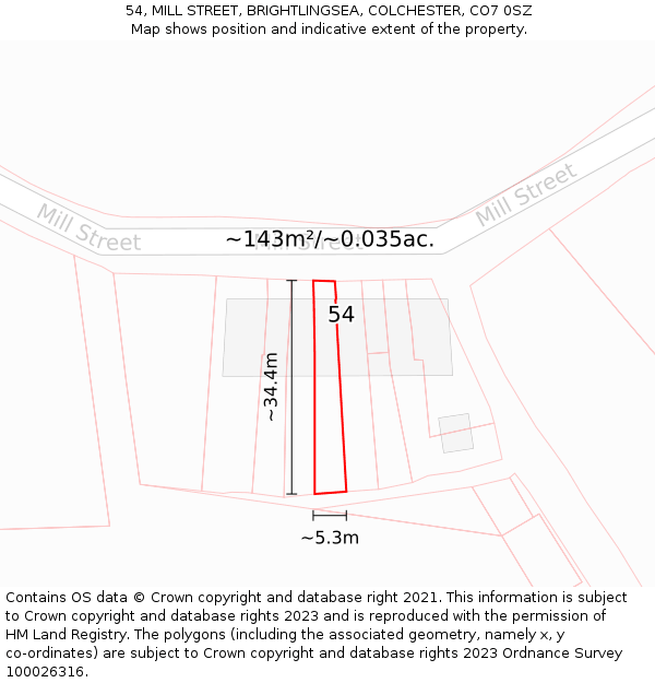 54, MILL STREET, BRIGHTLINGSEA, COLCHESTER, CO7 0SZ: Plot and title map