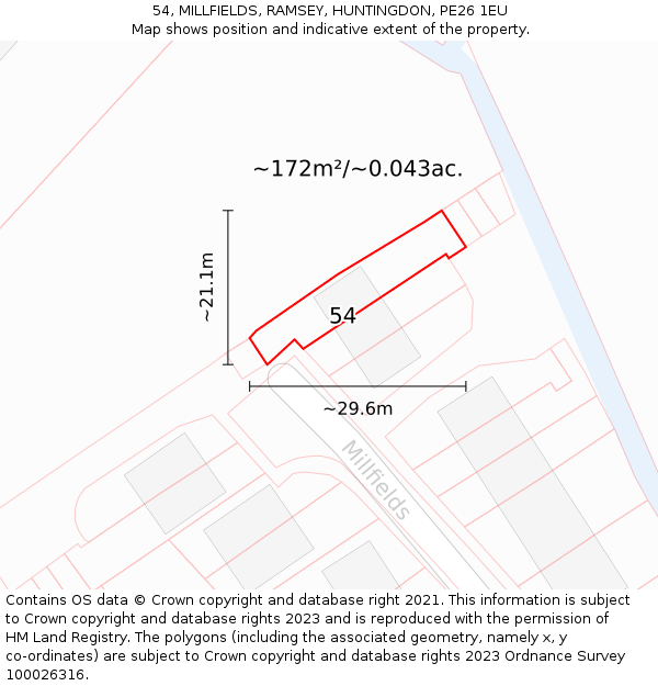 54, MILLFIELDS, RAMSEY, HUNTINGDON, PE26 1EU: Plot and title map