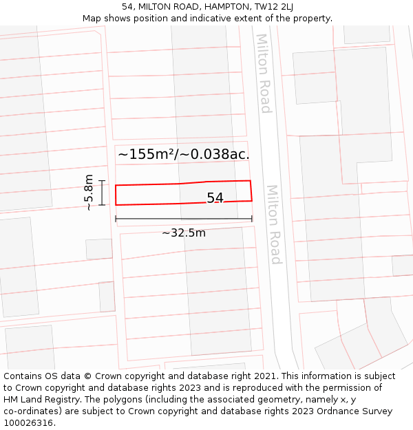 54, MILTON ROAD, HAMPTON, TW12 2LJ: Plot and title map