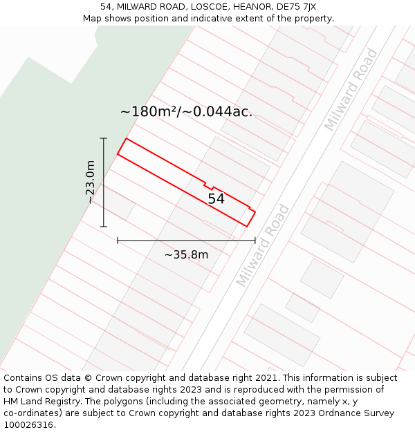 54, MILWARD ROAD, LOSCOE, HEANOR, DE75 7JX: Plot and title map