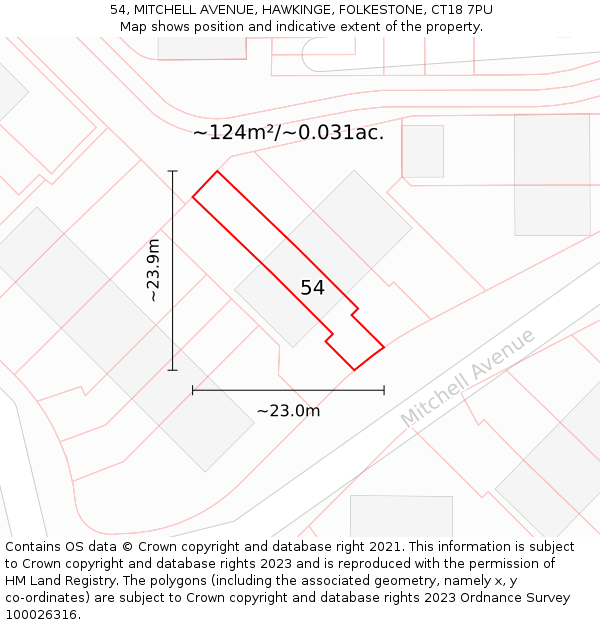 54, MITCHELL AVENUE, HAWKINGE, FOLKESTONE, CT18 7PU: Plot and title map