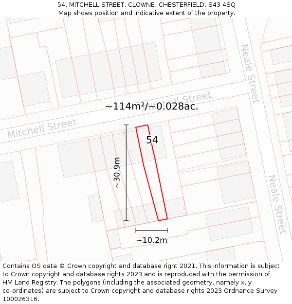 54, MITCHELL STREET, CLOWNE, CHESTERFIELD, S43 4SQ: Plot and title map