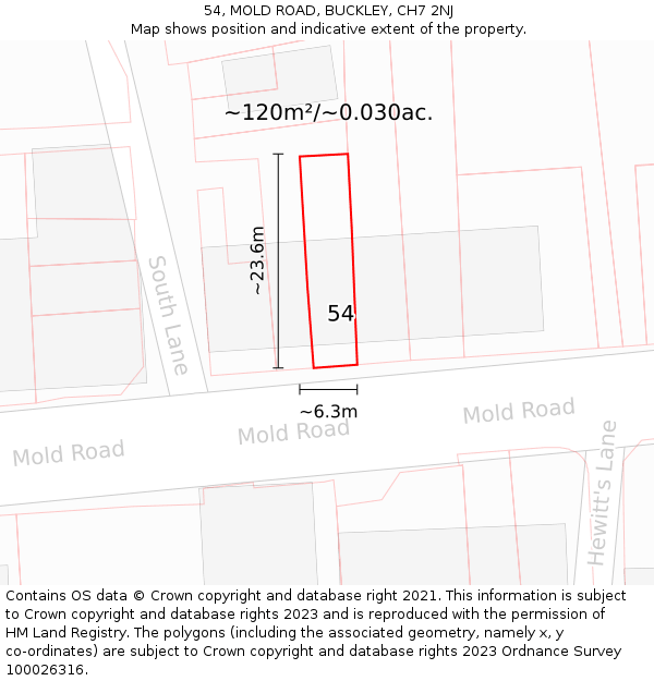 54, MOLD ROAD, BUCKLEY, CH7 2NJ: Plot and title map
