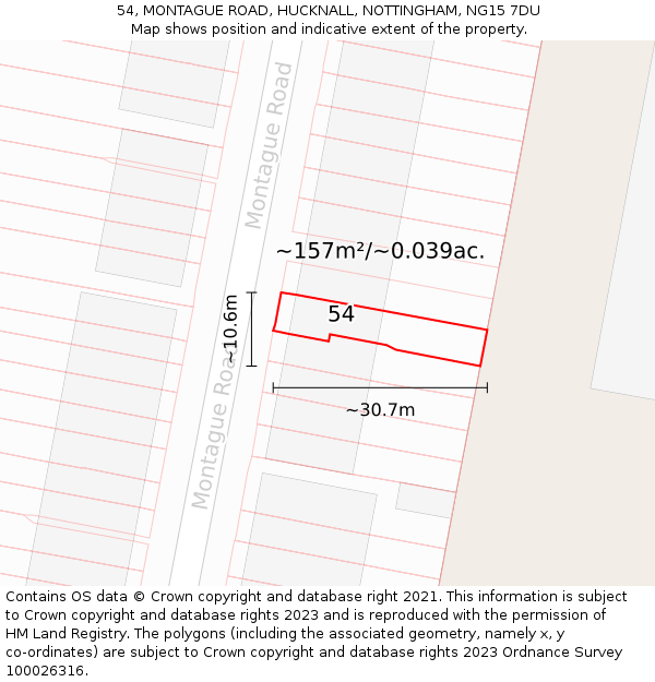 54, MONTAGUE ROAD, HUCKNALL, NOTTINGHAM, NG15 7DU: Plot and title map