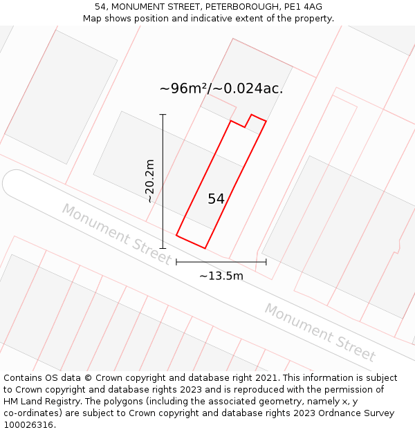 54, MONUMENT STREET, PETERBOROUGH, PE1 4AG: Plot and title map