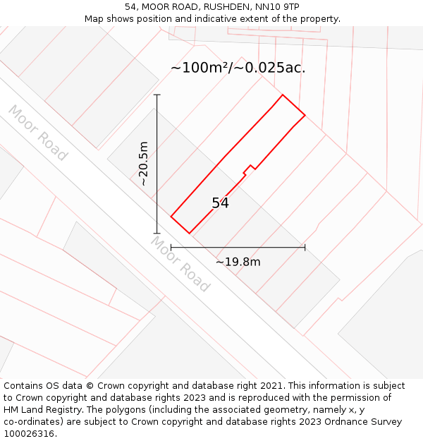 54, MOOR ROAD, RUSHDEN, NN10 9TP: Plot and title map
