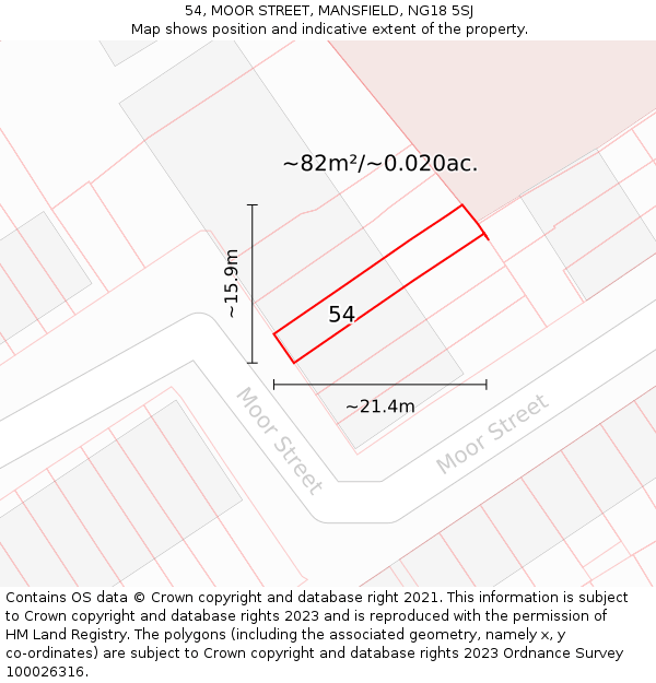 54, MOOR STREET, MANSFIELD, NG18 5SJ: Plot and title map