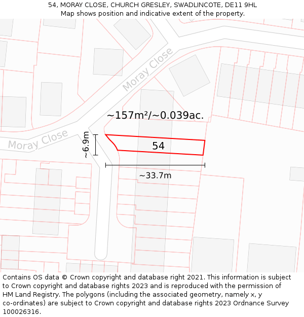 54, MORAY CLOSE, CHURCH GRESLEY, SWADLINCOTE, DE11 9HL: Plot and title map