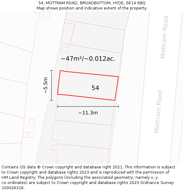 54, MOTTRAM ROAD, BROADBOTTOM, HYDE, SK14 6BQ: Plot and title map