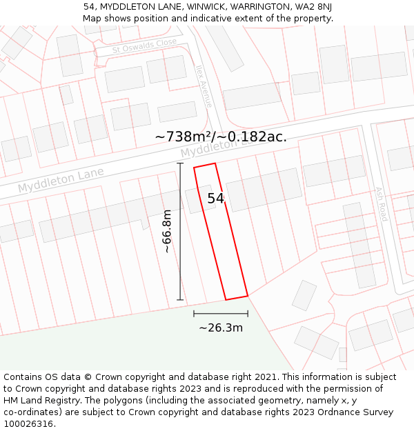 54, MYDDLETON LANE, WINWICK, WARRINGTON, WA2 8NJ: Plot and title map