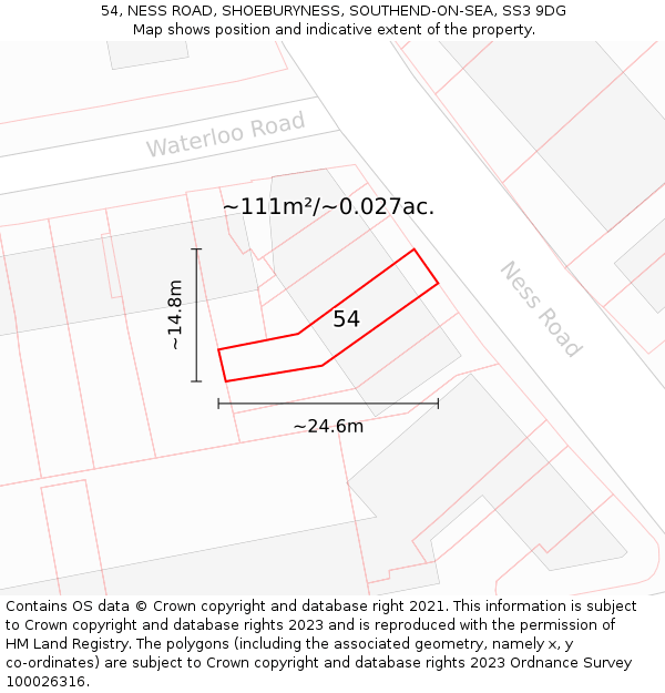 54, NESS ROAD, SHOEBURYNESS, SOUTHEND-ON-SEA, SS3 9DG: Plot and title map