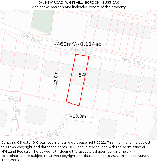 54, NEW ROAD, WHITEHILL, BORDON, GU35 9AX: Plot and title map