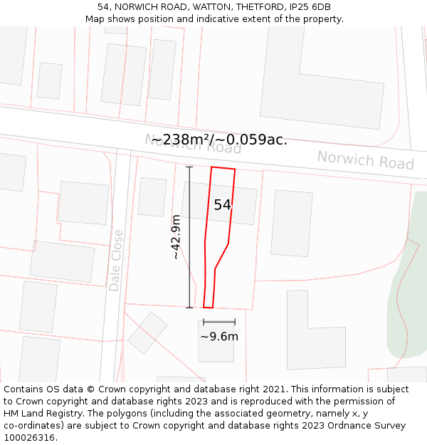 54, NORWICH ROAD, WATTON, THETFORD, IP25 6DB: Plot and title map