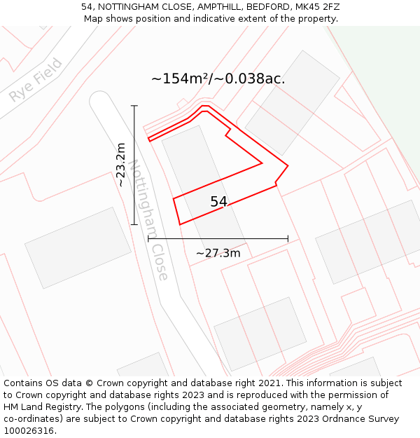 54, NOTTINGHAM CLOSE, AMPTHILL, BEDFORD, MK45 2FZ: Plot and title map