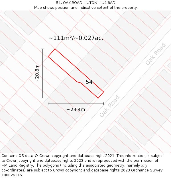 54, OAK ROAD, LUTON, LU4 8AD: Plot and title map