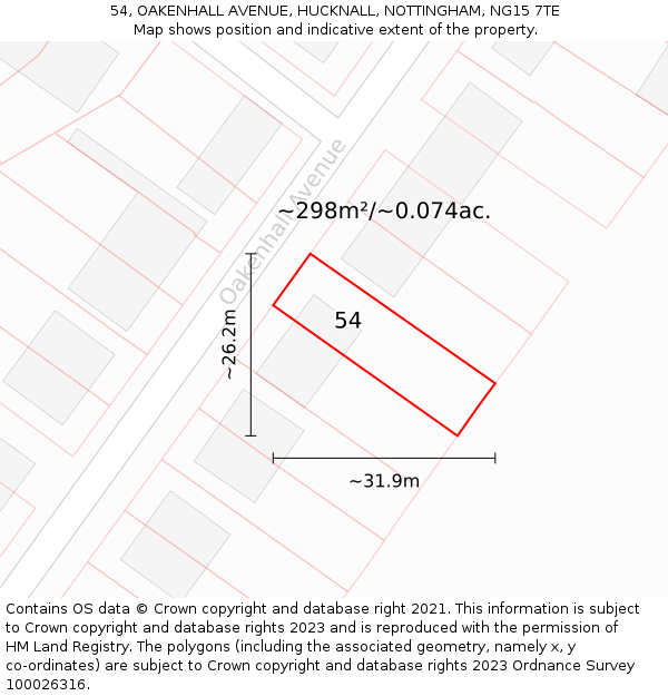 54, OAKENHALL AVENUE, HUCKNALL, NOTTINGHAM, NG15 7TE: Plot and title map