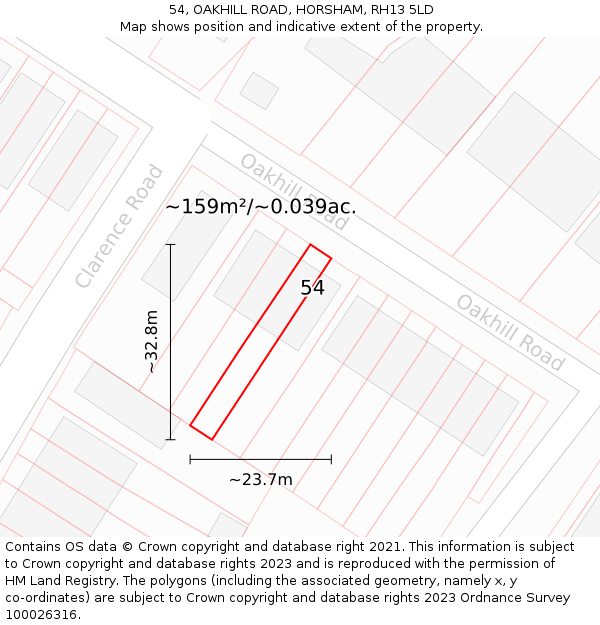54, OAKHILL ROAD, HORSHAM, RH13 5LD: Plot and title map