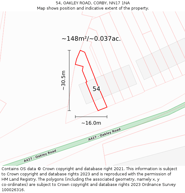 54, OAKLEY ROAD, CORBY, NN17 1NA: Plot and title map