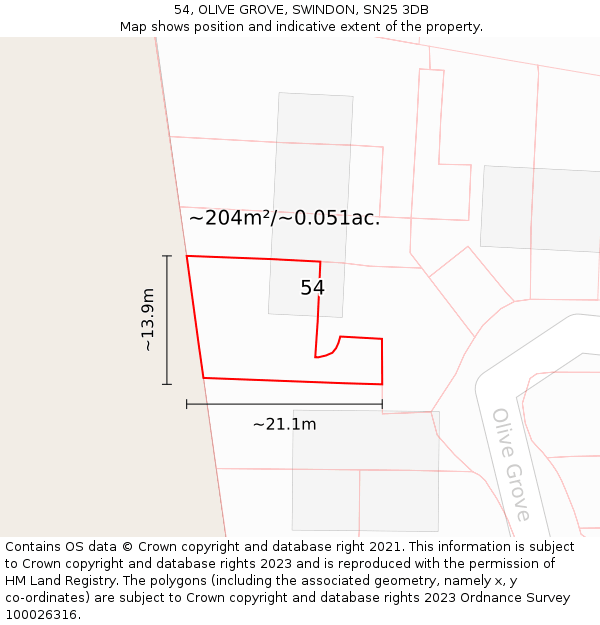 54, OLIVE GROVE, SWINDON, SN25 3DB: Plot and title map