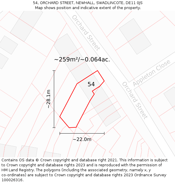 54, ORCHARD STREET, NEWHALL, SWADLINCOTE, DE11 0JS: Plot and title map