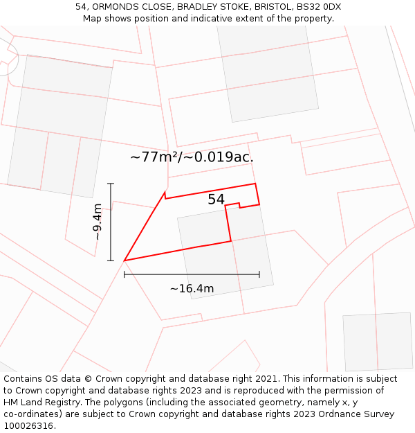 54, ORMONDS CLOSE, BRADLEY STOKE, BRISTOL, BS32 0DX: Plot and title map