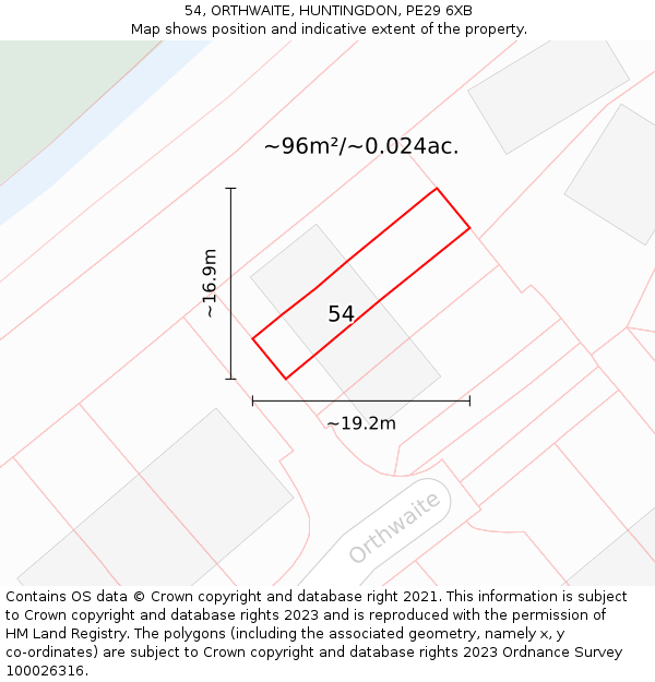 54, ORTHWAITE, HUNTINGDON, PE29 6XB: Plot and title map